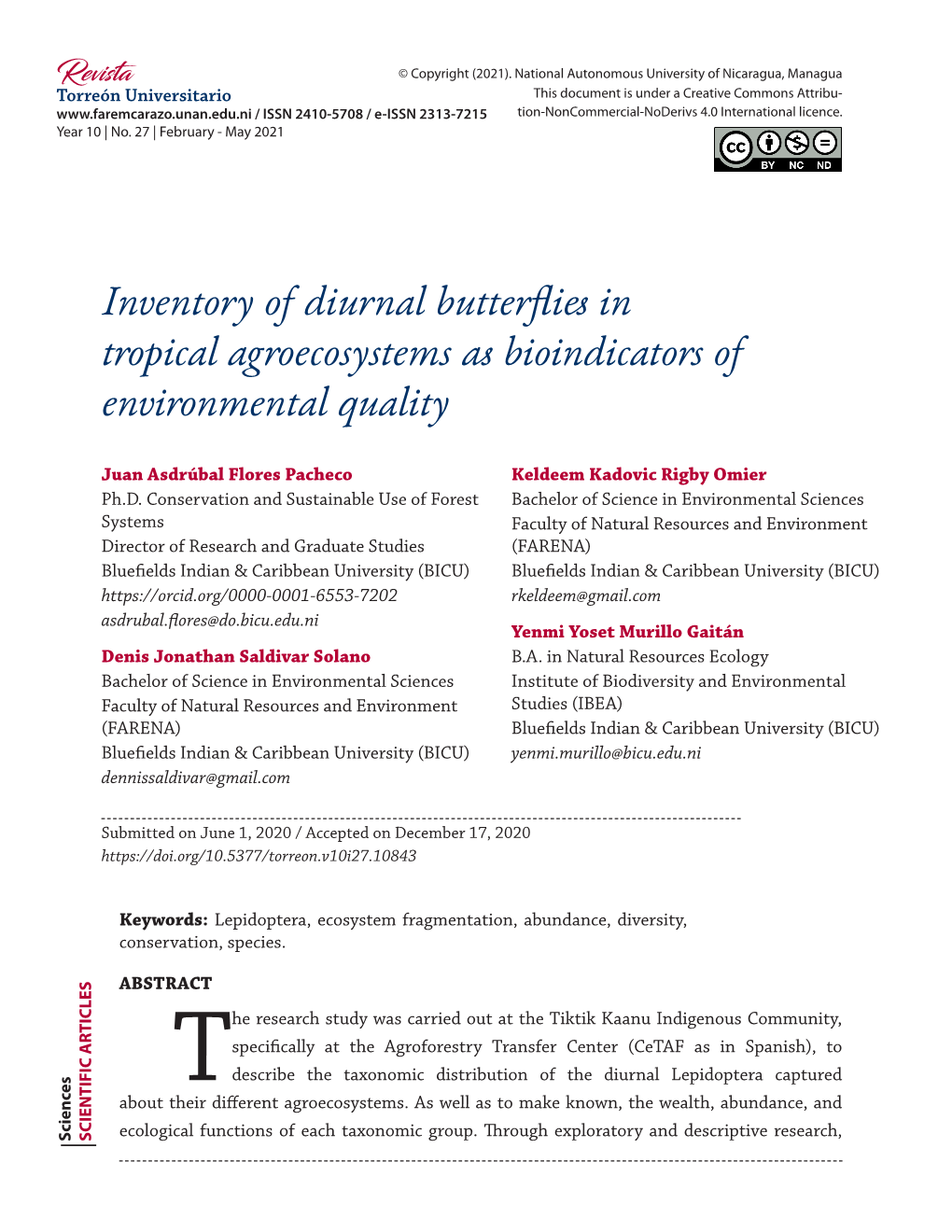 Inventory of Diurnal Butterflies in Tropical Agroecosystems As Bioindicators of Environmental Quality