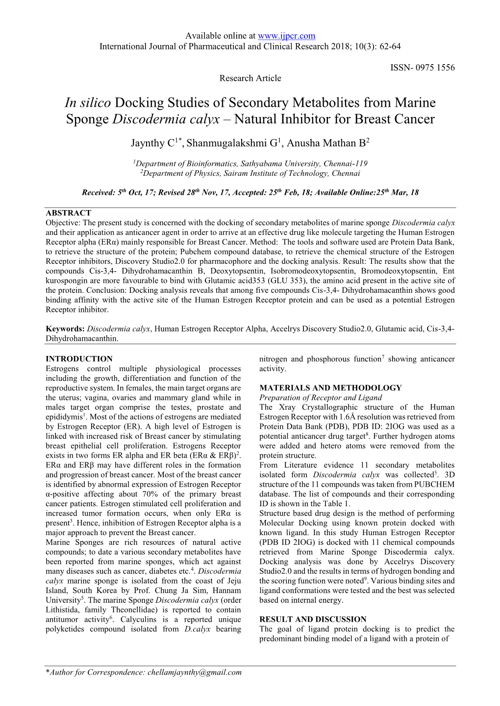 In Silico Docking Studies of Secondary Metabolites from Marine Sponge Discodermia Calyx – Natural Inhibitor for Breast Cancer