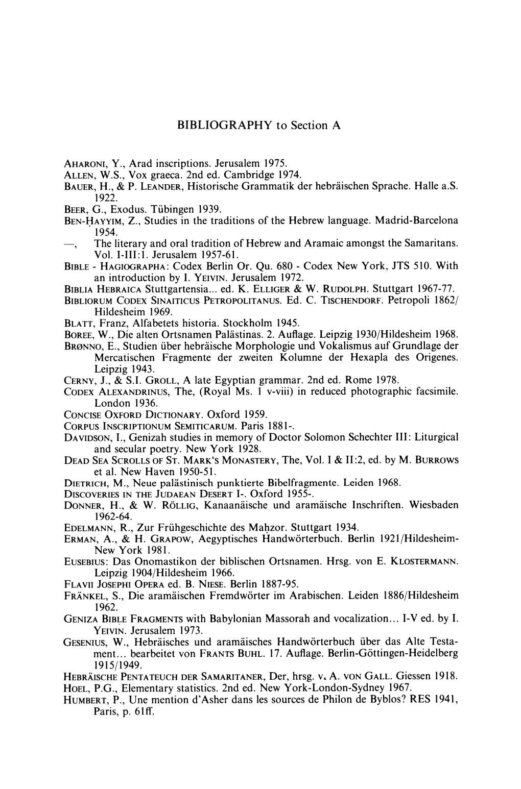 BIBLIOGRAPHY to Section A