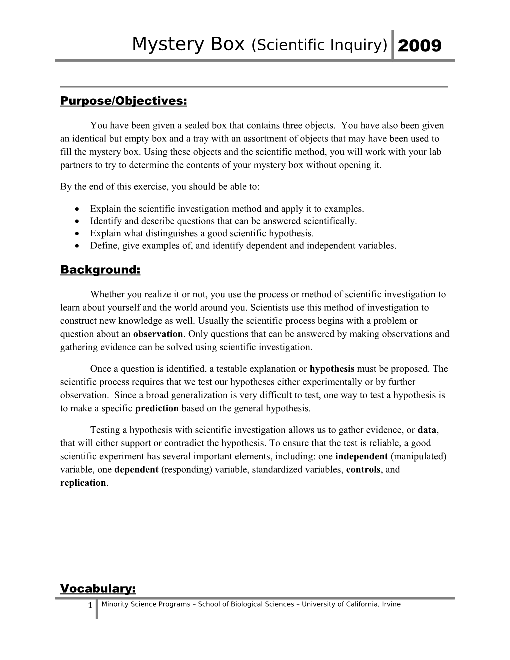 7Th Grade Life Science: Activity Outline s1