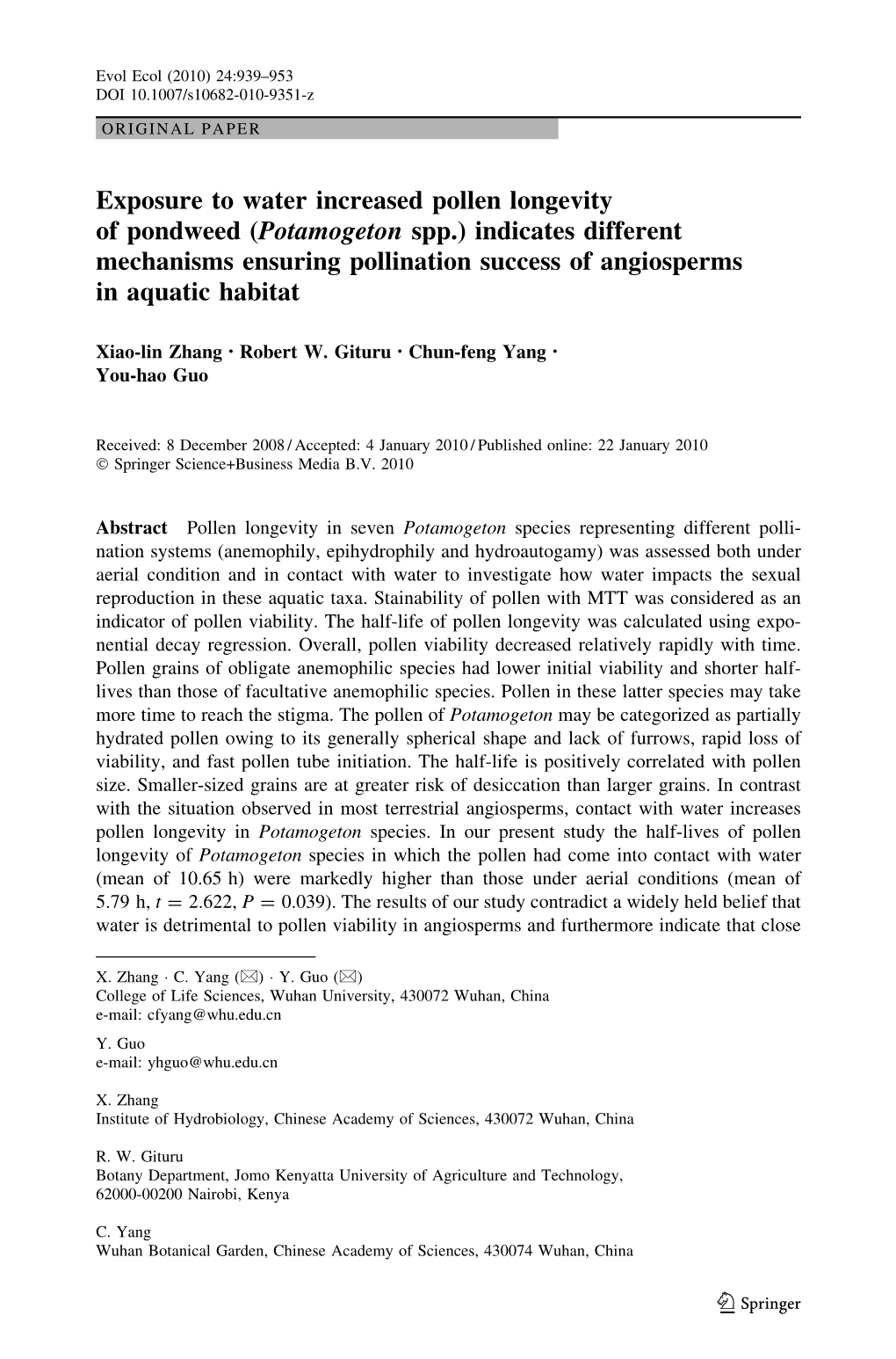 Exposure to Water Increased Pollen Longevity of Pondweed