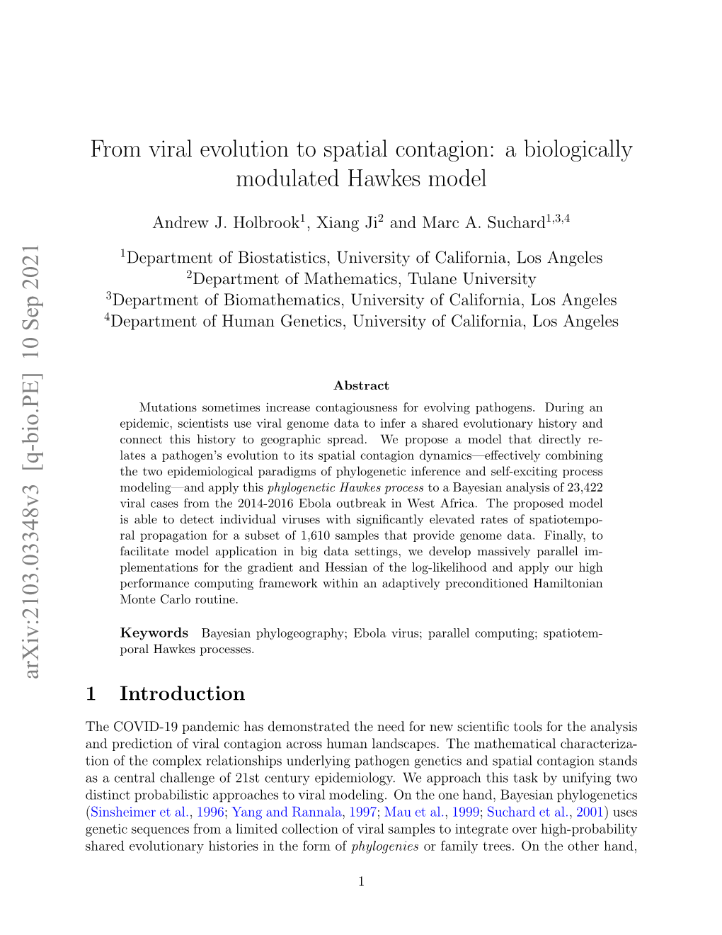 From Viral Evolution to Spatial Contagion: a Biologically Modulated Hawkes Model