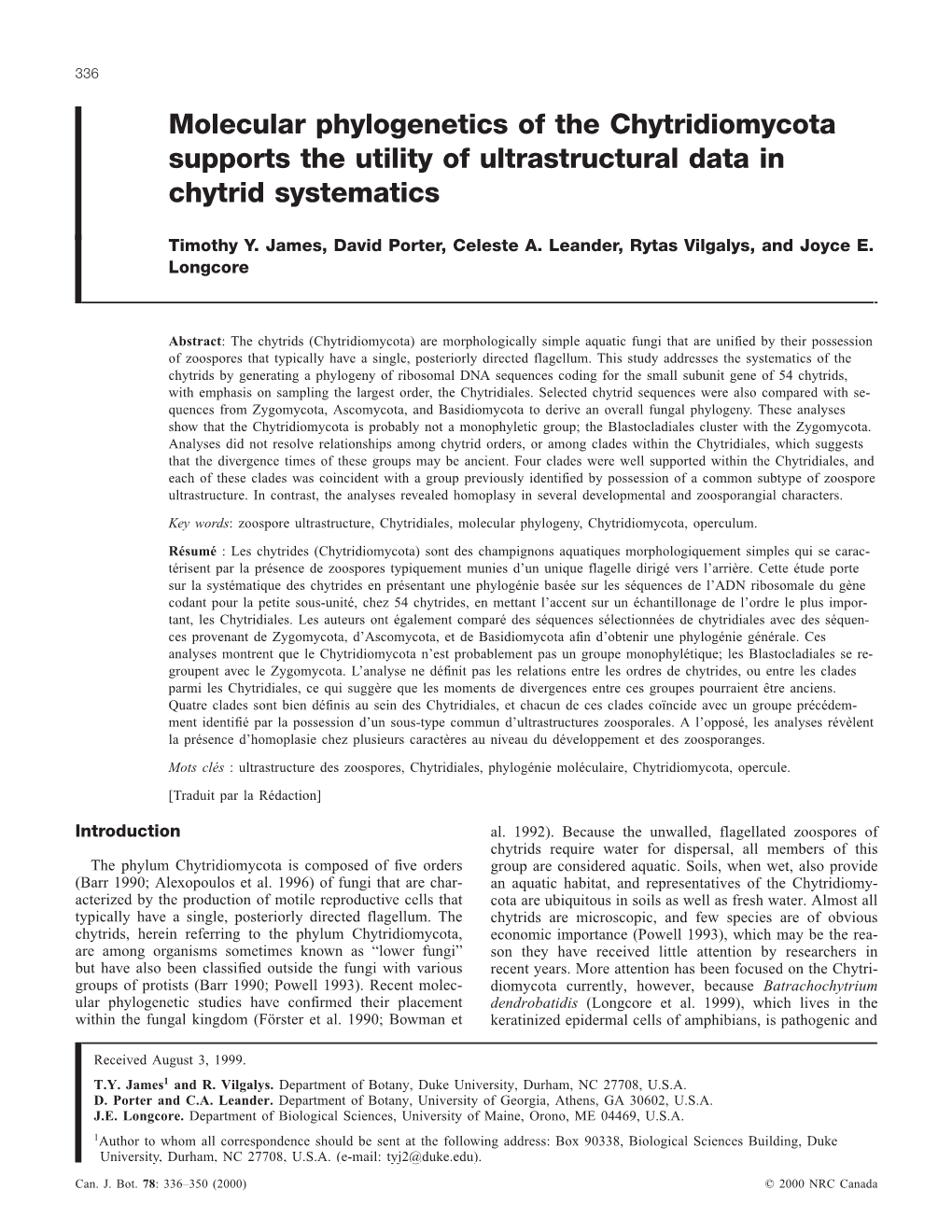 Molecular Phylogenetics of the Chytridiomycota Supports the Utility of Ultrastructural Data in Chytrid Systematics