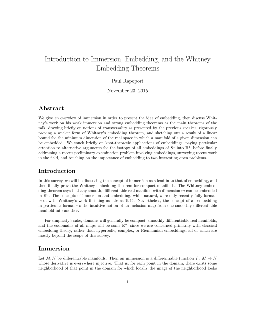 Introduction to Immersion, Embedding, and the Whitney Embedding Theorems