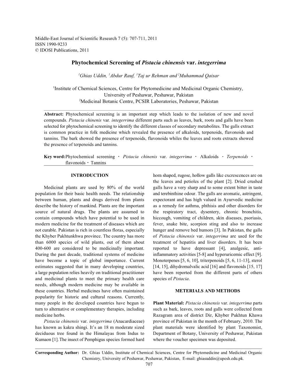 Phytochemical Screening of Pistacia Chinensis Var. Integerrima