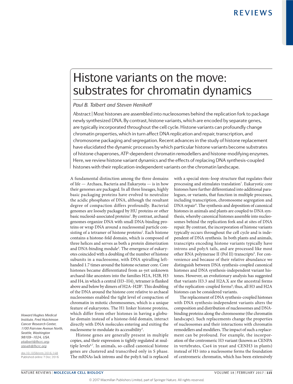 Histone Variants on the Move: Substrates for Chromatin Dynamics