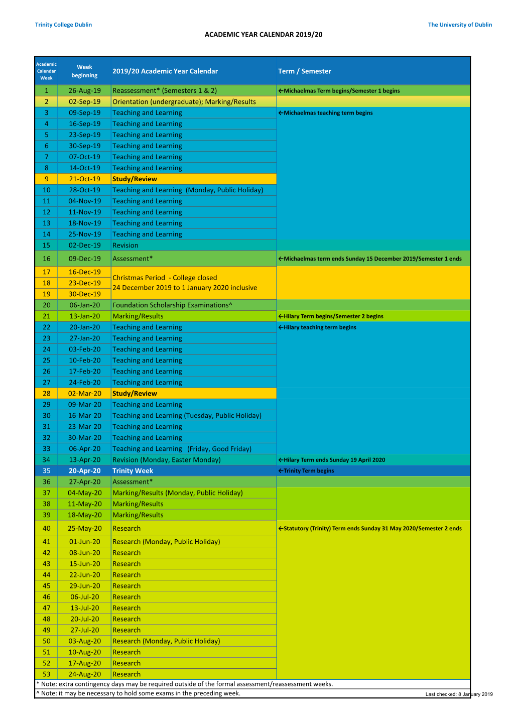 Academic Year Calendar 2019/20