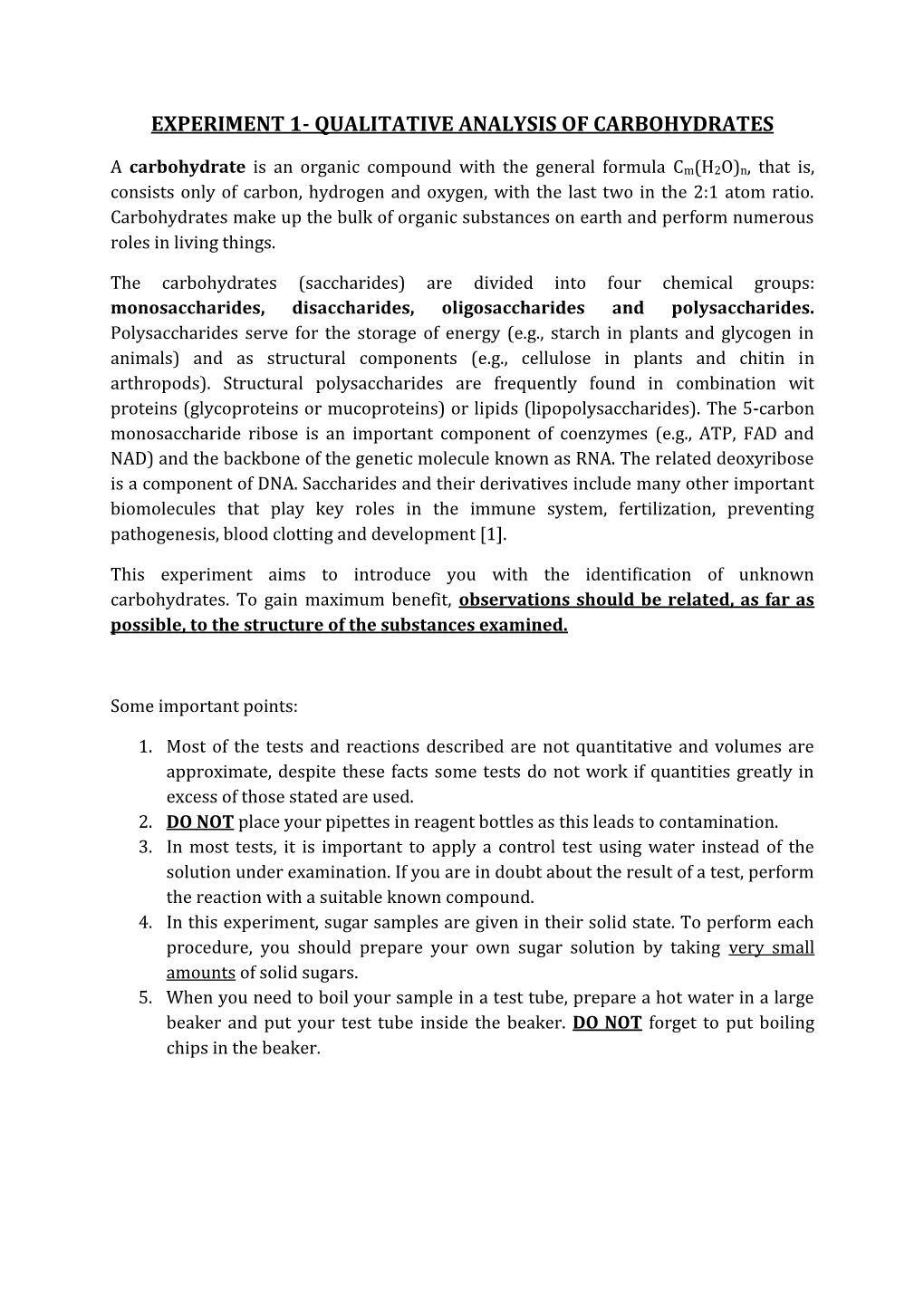 Experiment 1- Qualitative Analysis of Carbohydrates