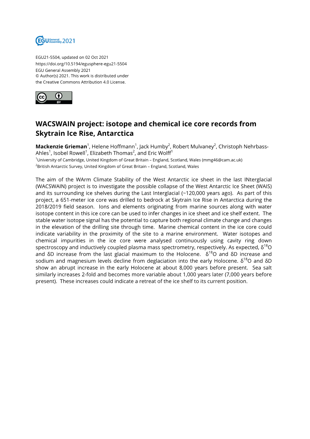 Isotope and Chemical Ice Core Records from Skytrain Ice Rise, Antarctica