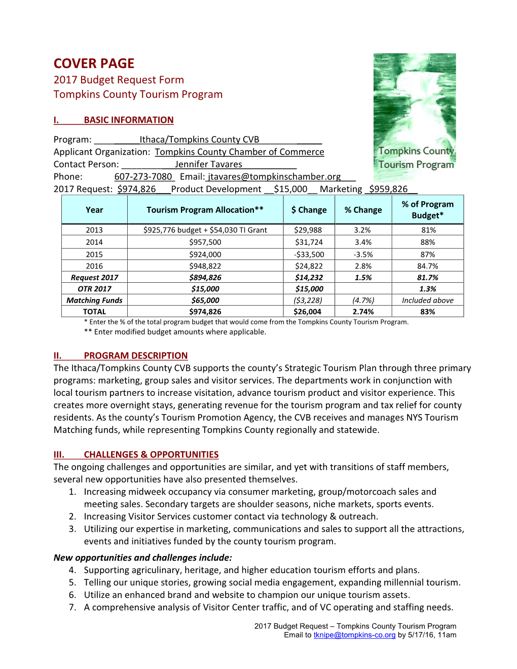 COVER PAGE 2017 Budget Request Form Tompkins County Tourism Program