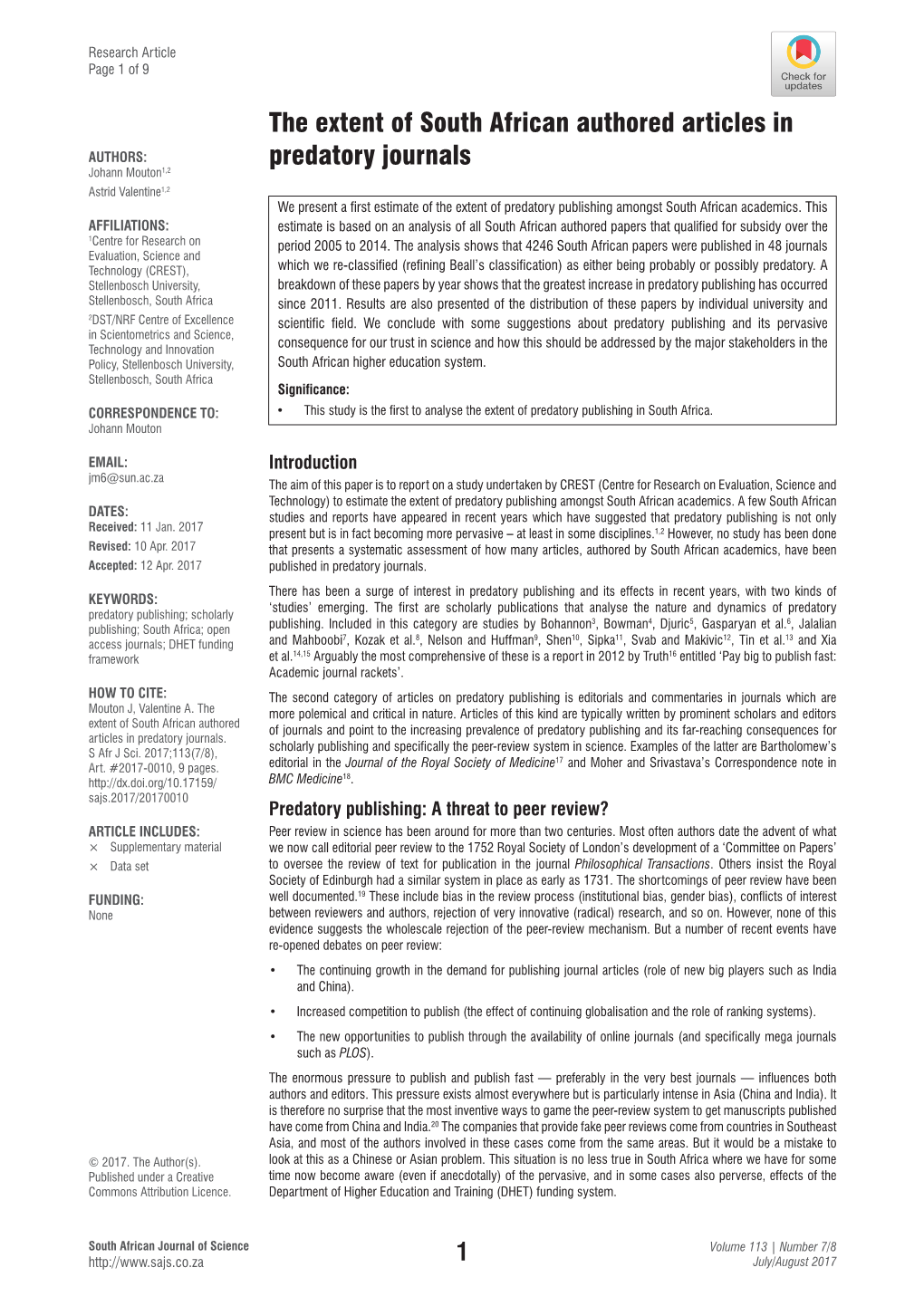 The Extent of South African Authored Articles in Predatory Journals