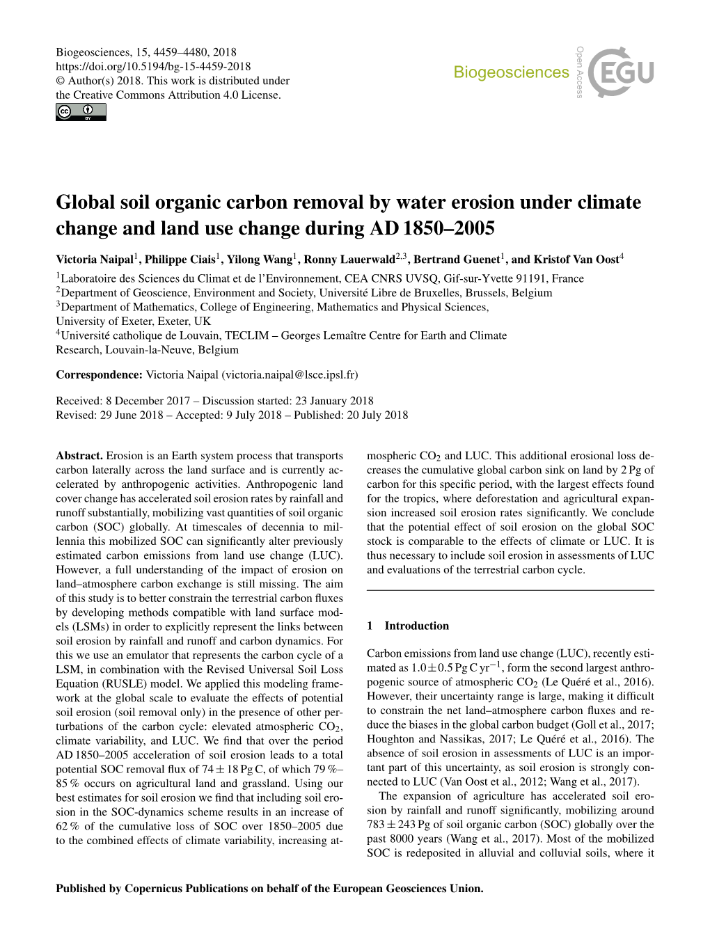 Global Soil Organic Carbon Removal by Water Erosion Under Climate Change and Land Use Change During AD 1850–2005