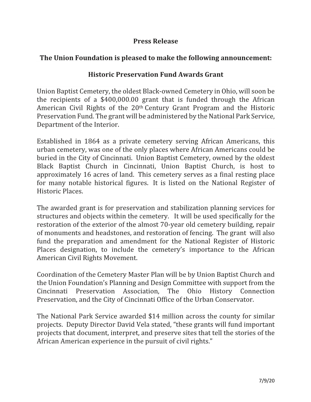 Press Release the Union Foundation Is Pleased to Make the Following