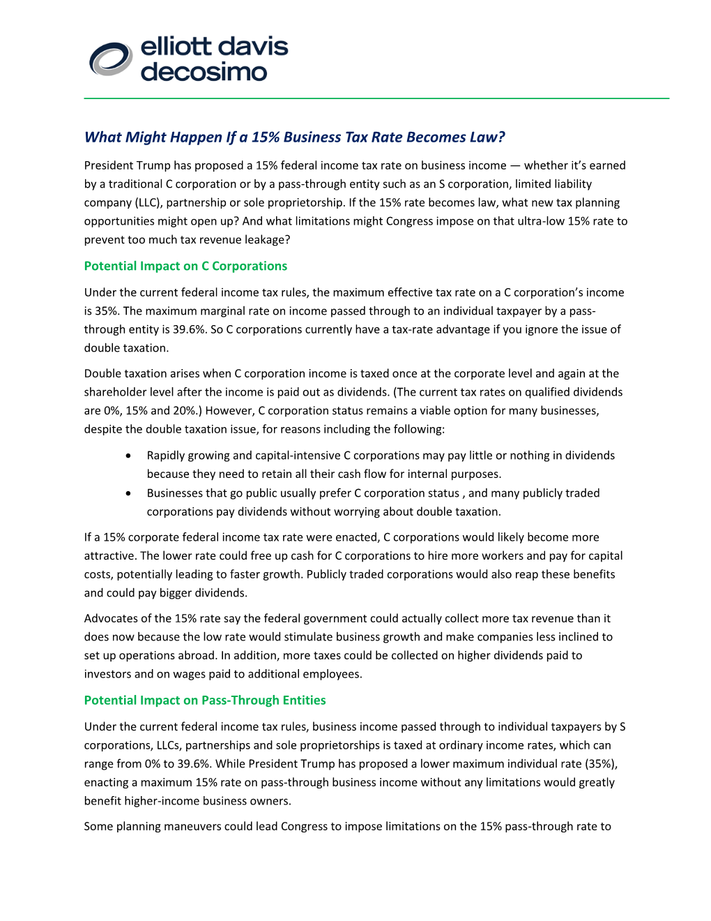 What Might Happen If a 15% Business Tax Rate Becomes Law?