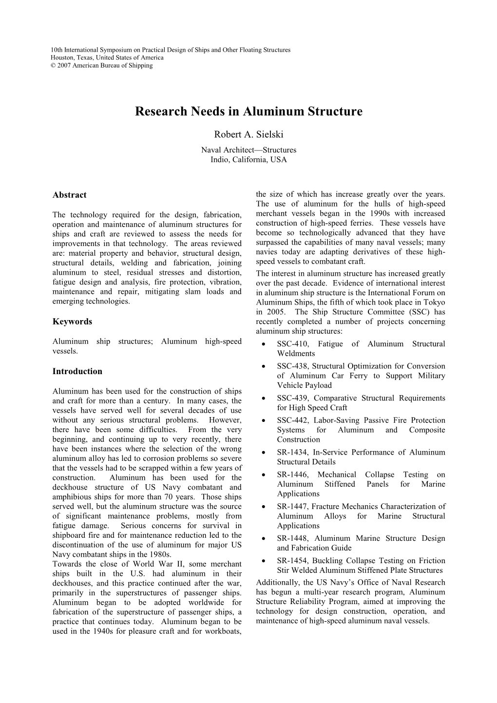 Research Needs in Aluminum Structure