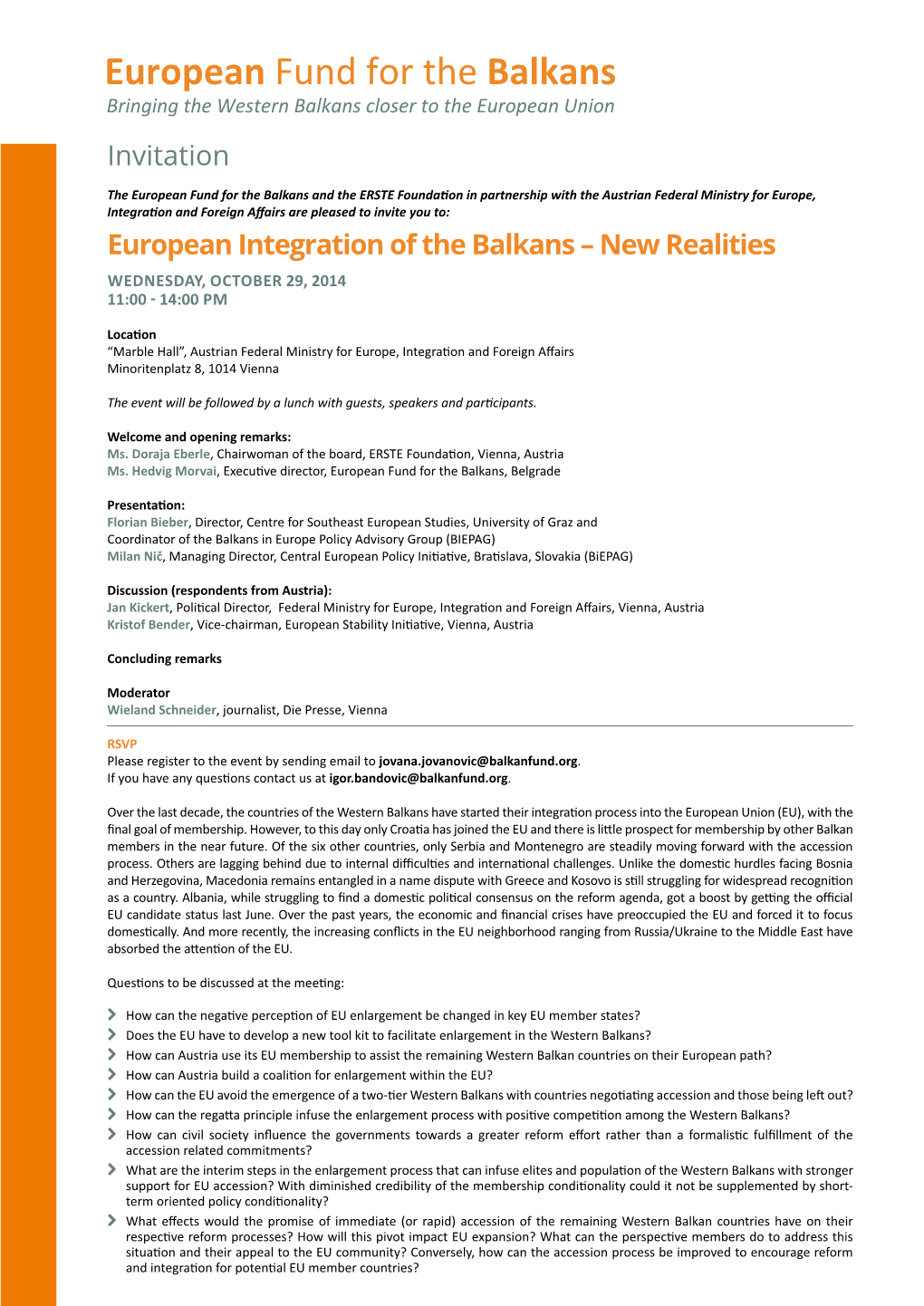 Invitation European Integration of the Balkans – New Realities