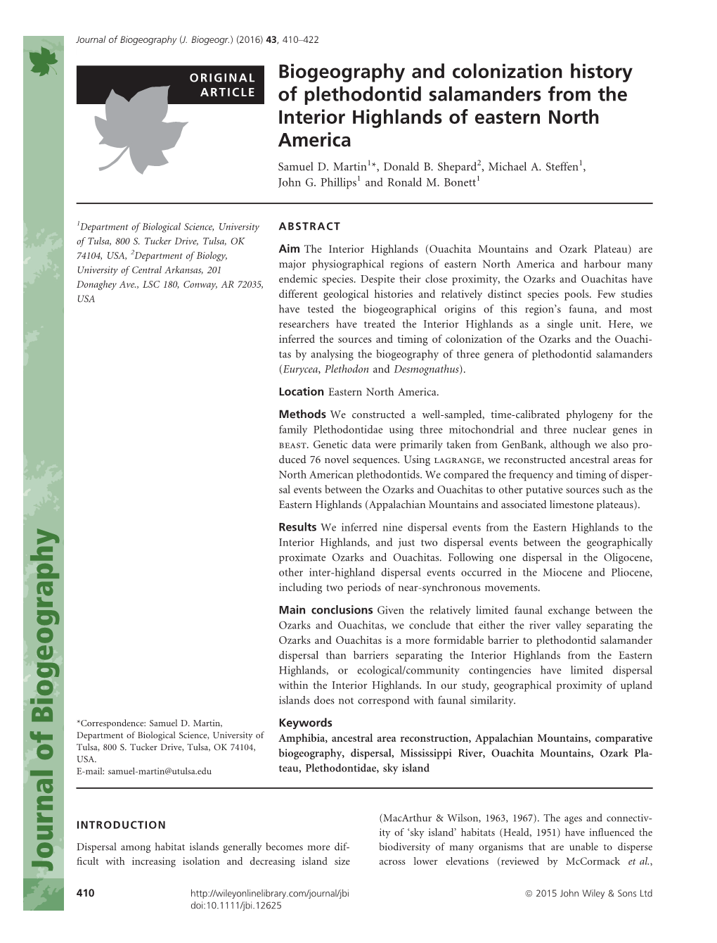 Biogeography and Colonization History of Plethodontid Salamanders From