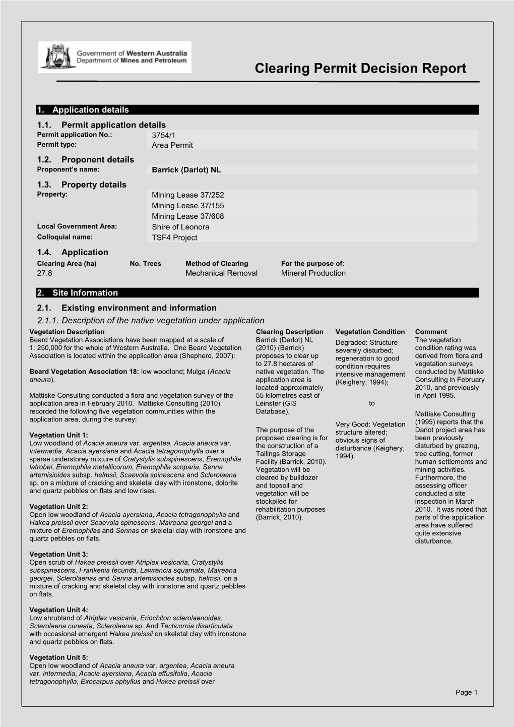 Proforma Reports for Applications to Clear Native Vegetation Under the Environmental Protection