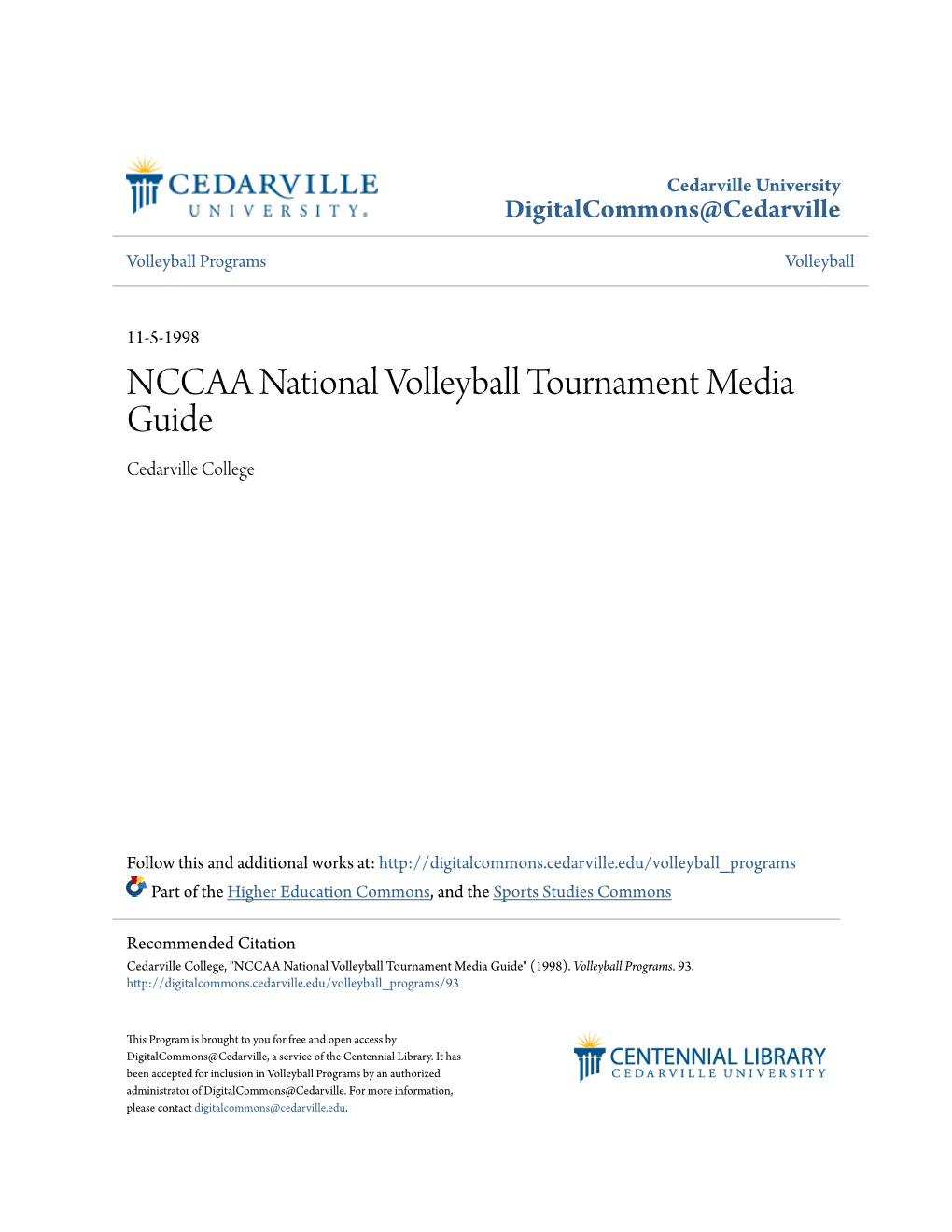 NCCAA National Volleyball Tournament Media Guide Cedarville College