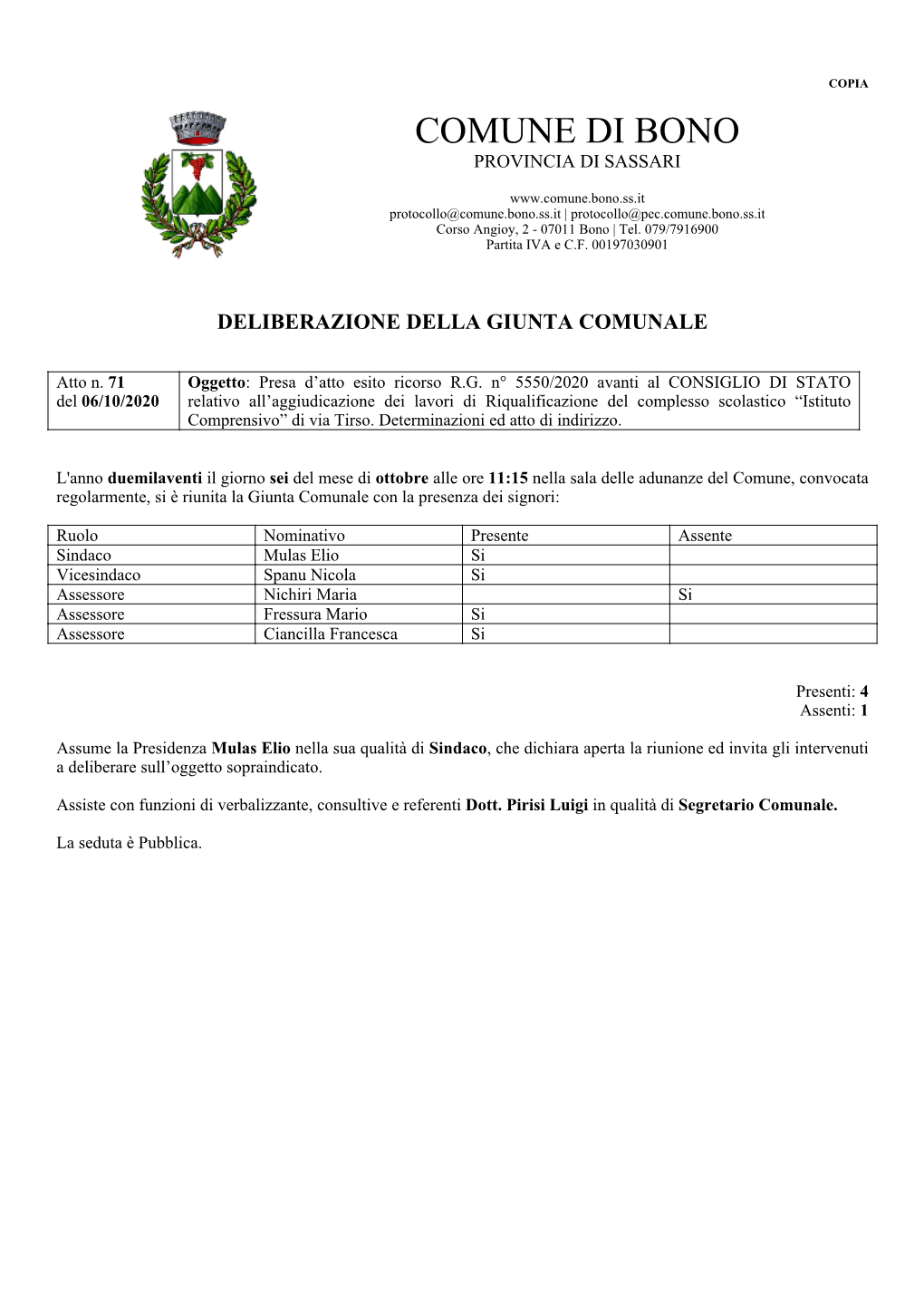 Comune Di Bono Provincia Di Sassari