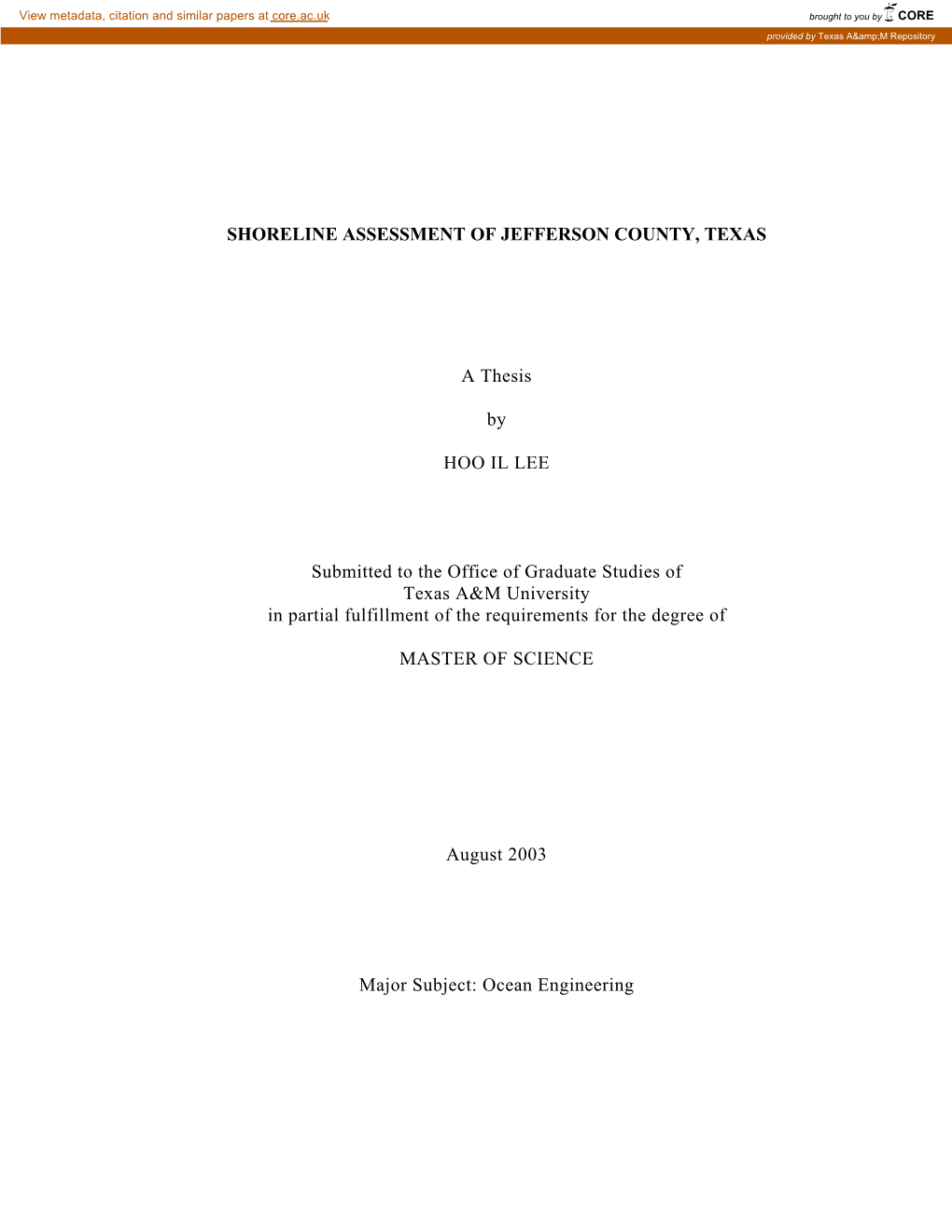 Shoreline Assessment of Jefferson County, Texas A