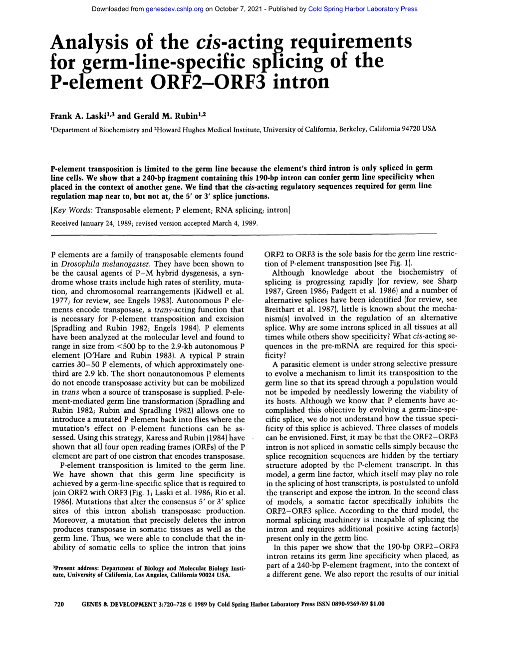 Analysis of the Cis-Acting Requirements for Germ-Line-Specific Spllcing of the P-Element ORF2-ORF3 Intron