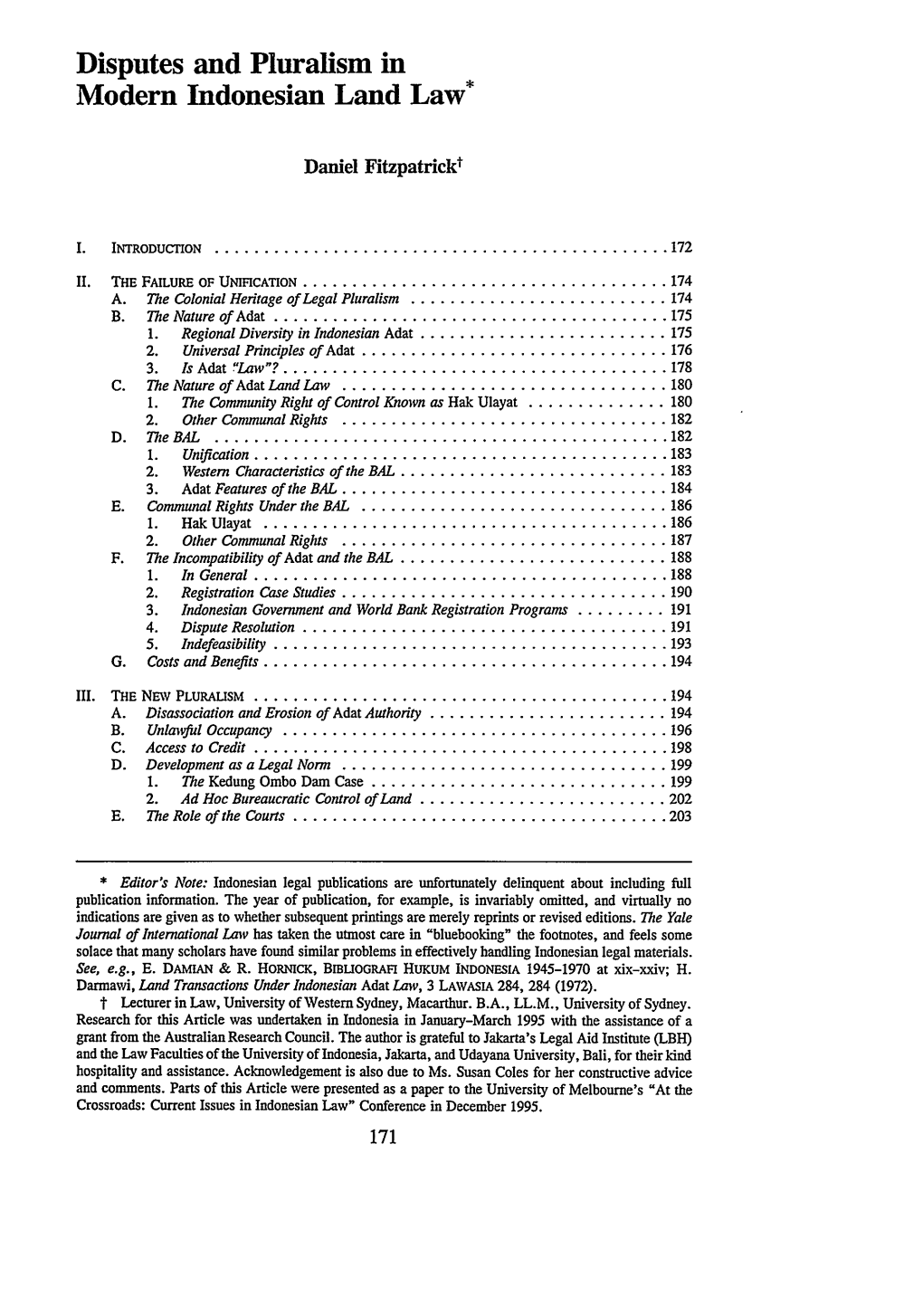 Disputes and Pluralism in Modem Indonesian Land