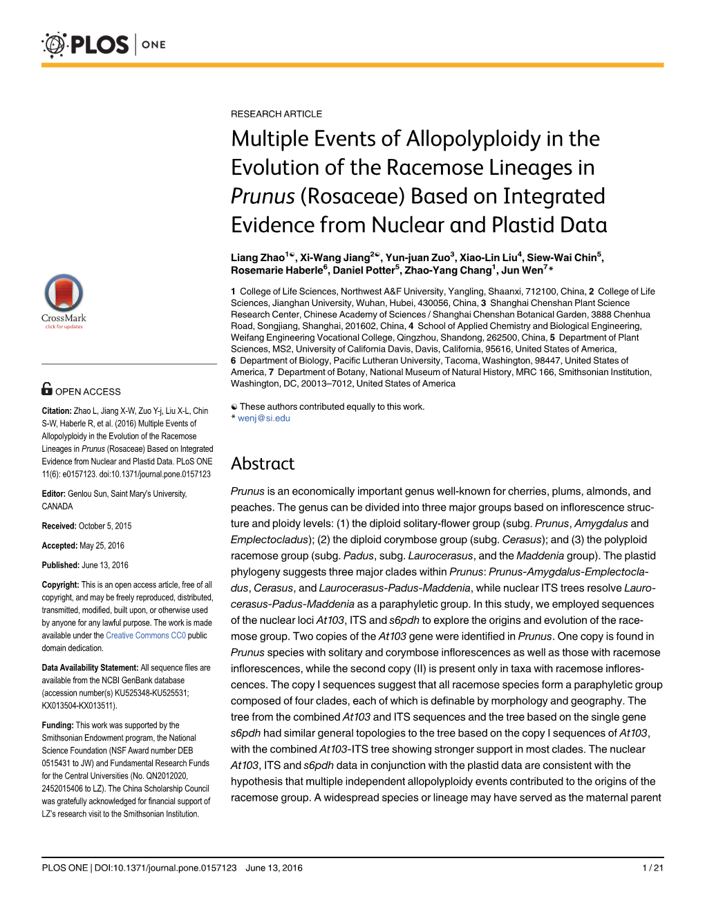 (Rosaceae) Based on Integrated Evidence from Nuclear and Plastid Data