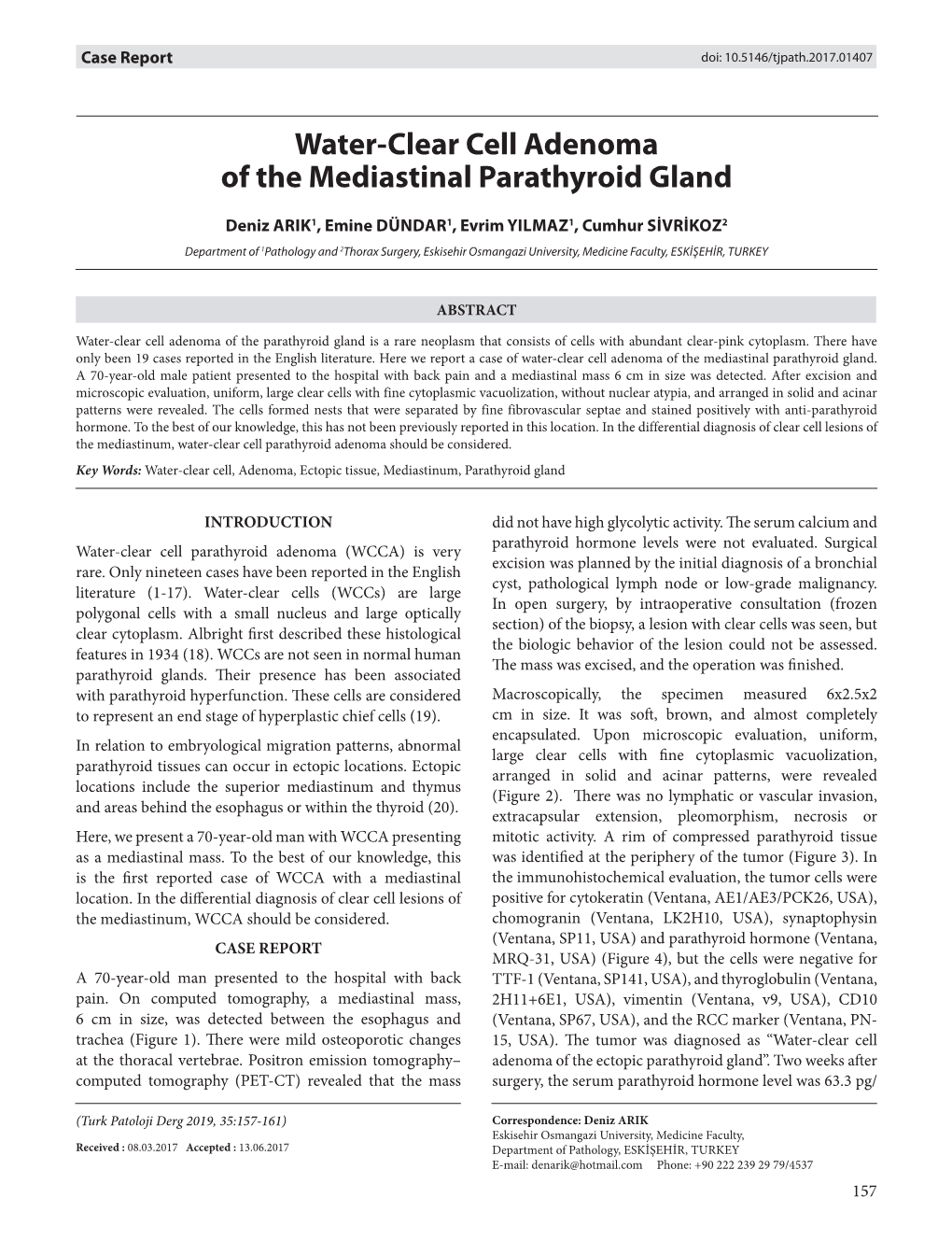 Water-Clear Cell Adenoma of the Mediastinal Parathyroid Gland