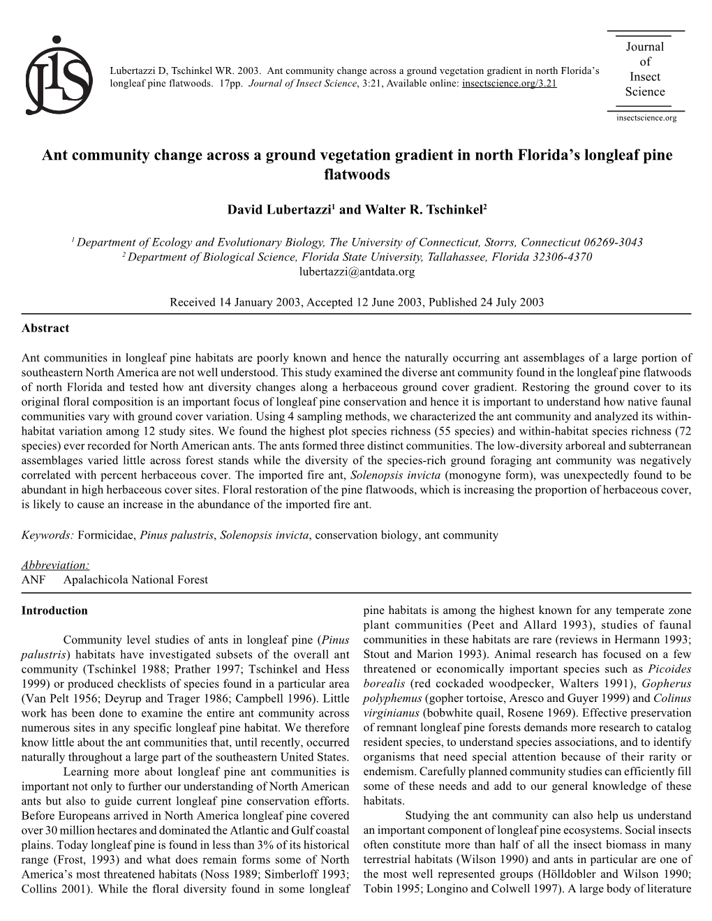 Ant Community Change Across a Ground Vegetation Gradient in North Florida’S Insect Longleaf Pine Flatwoods