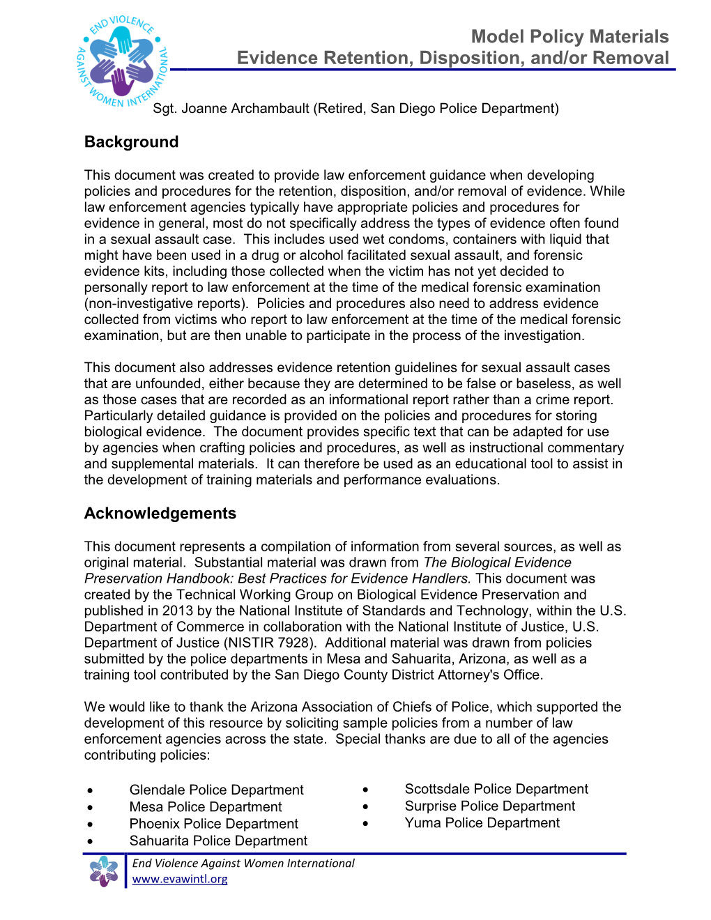 Model Policy Materials Evidence Retention, Disposition, And/Or Removal