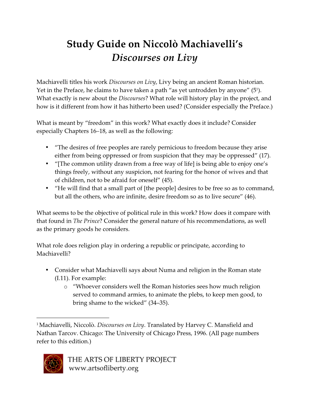 Study Guide on Niccolò Machiavelli's Discourses on Livy