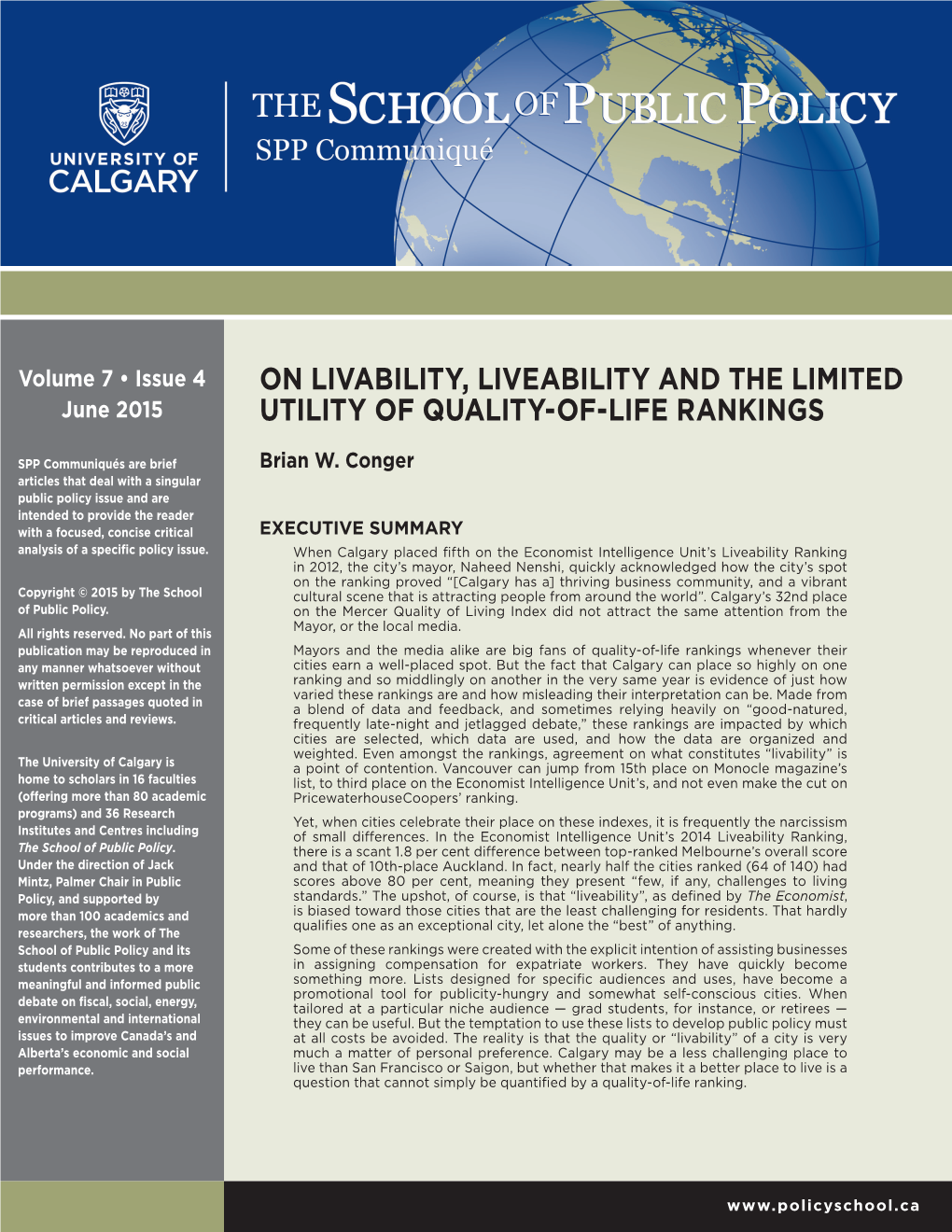 ON LIVABILITY, LIVEABILITY and the LIMITED June 2015 UTILITY of QUALITY-OF-LIFE RANKINGS