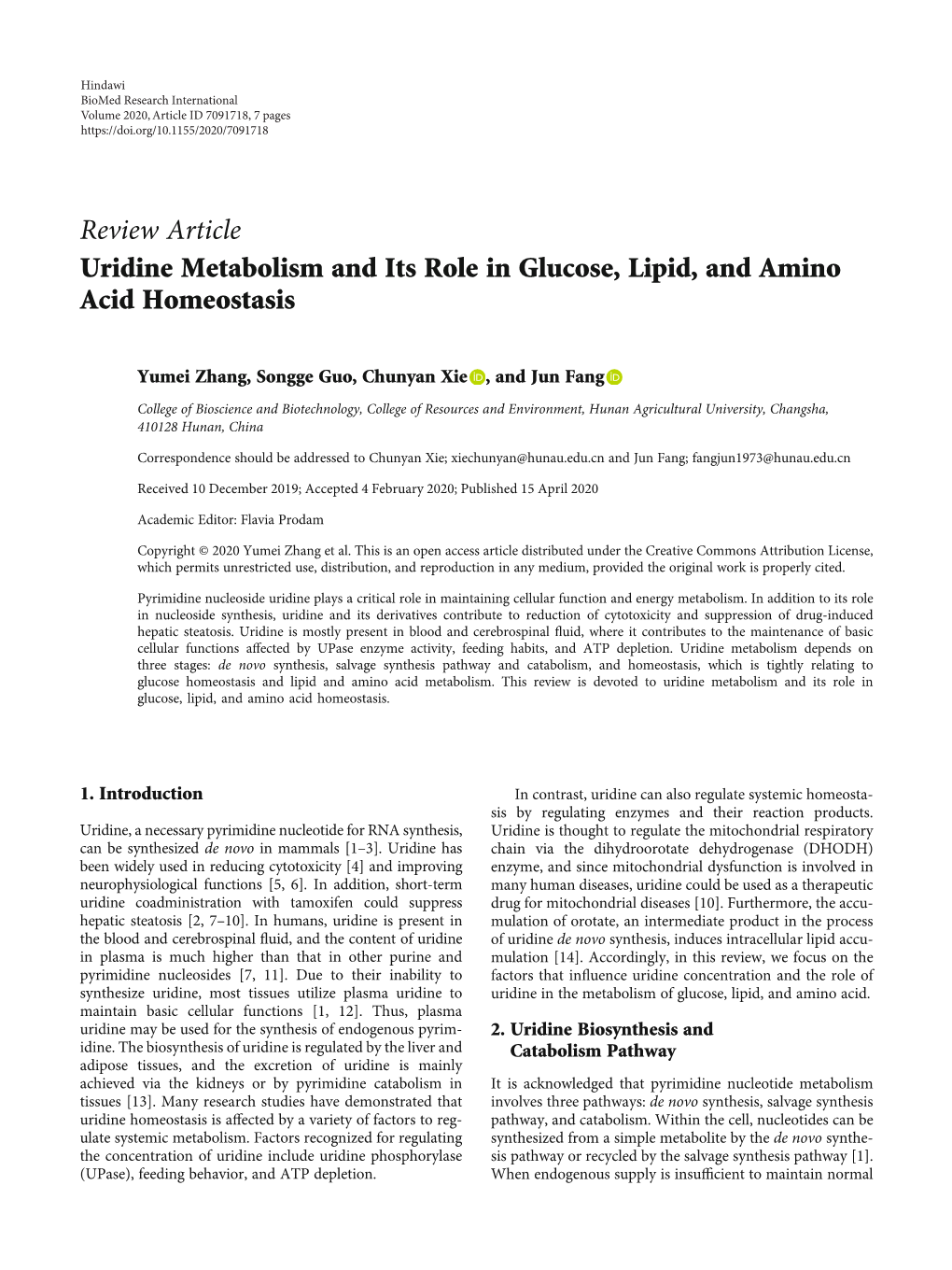 Review Article Uridine Metabolism and Its Role in Glucose, Lipid, and Amino Acid Homeostasis