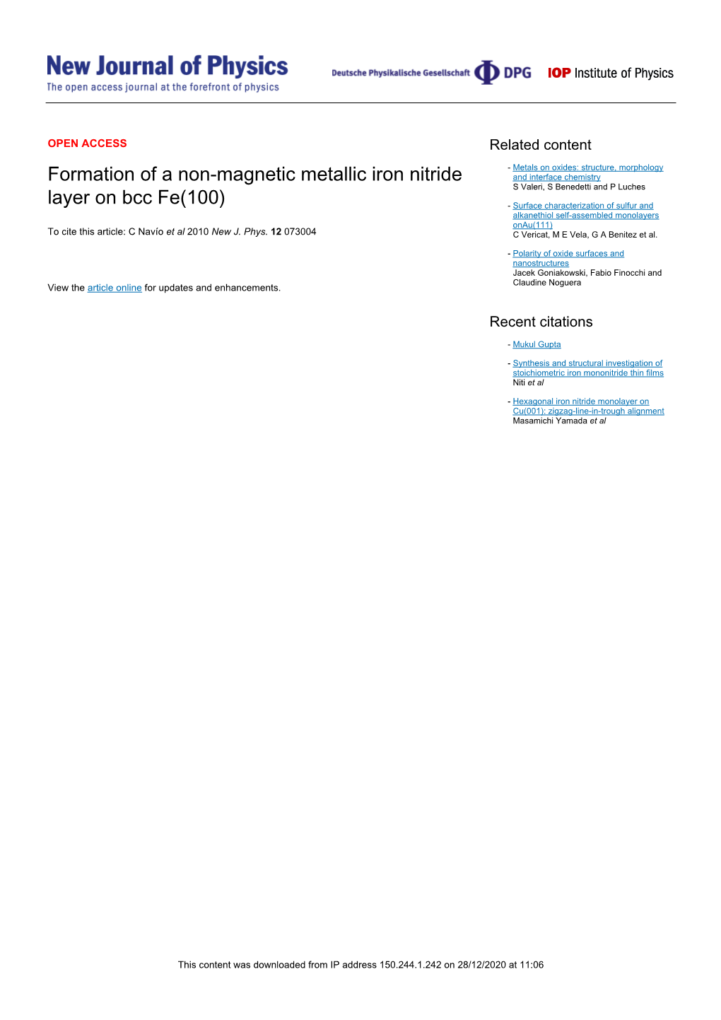 Formation of a Non-Magnetic Metallic Iron Nitride Layer on Bcc Fe(100)