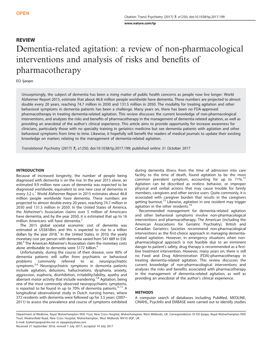 Dementia-Related Agitation: a Review of Non-Pharmacological Interventions and Analysis of Risks and Beneﬁts of Pharmacotherapy