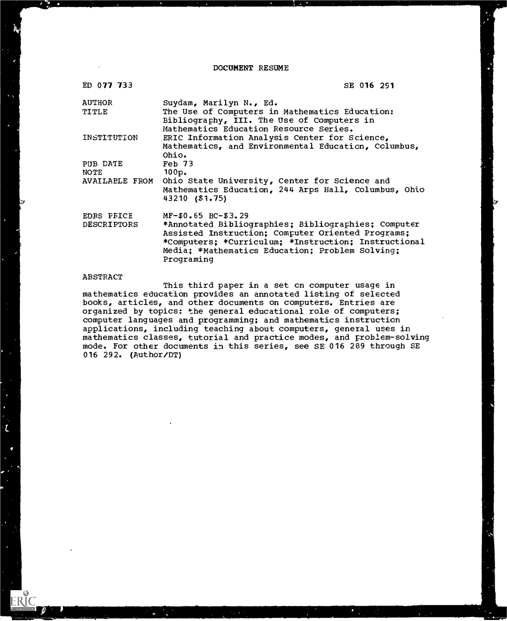 DOCUMENT RESUME ED 077 733 SE 016 291 AUTHOR Suydam