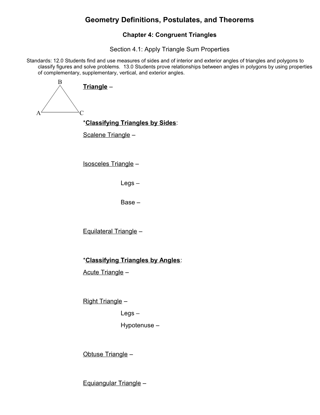 Geometry, Definitions, Postulates, And Theorems