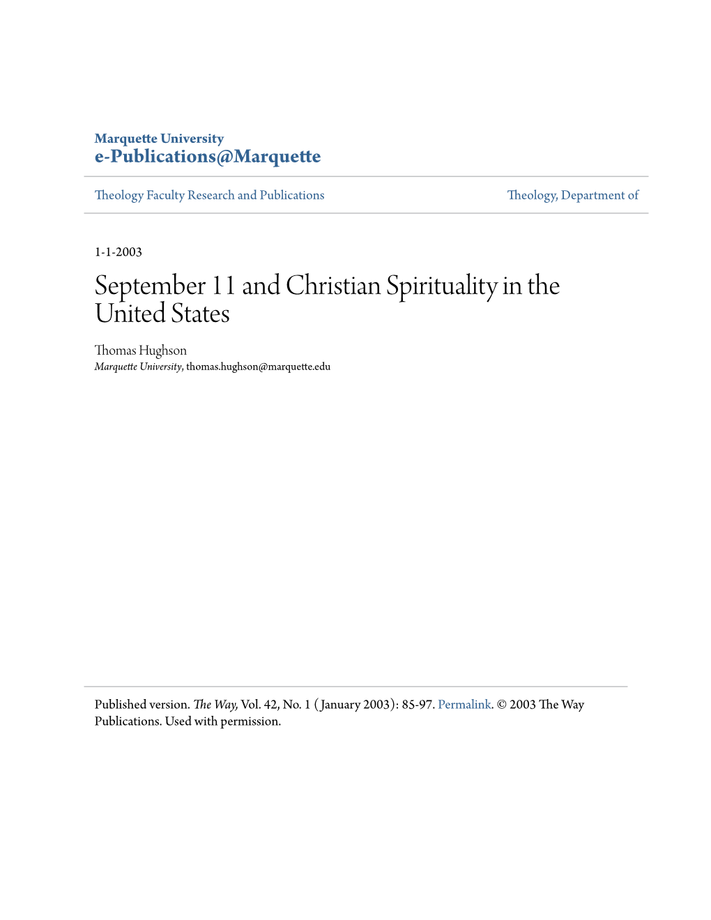 September 11 and Christian Spirituality in the United States Thomas Hughson Marquette University, Thomas.Hughson@Marquette.Edu