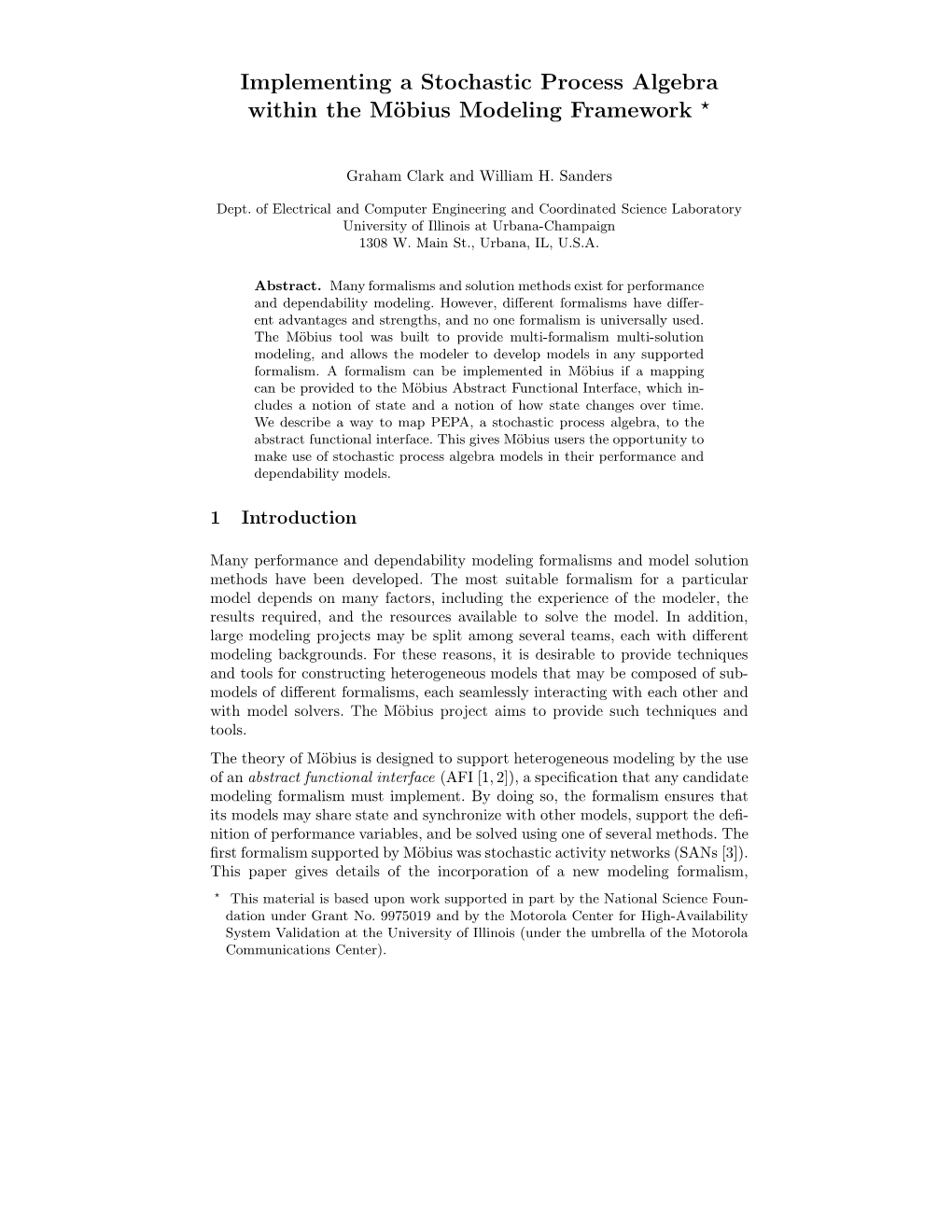 Implementing a Stochastic Process Algebra Within the Möbius Modeling