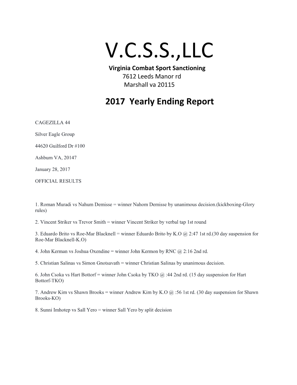 V.C.S.S.,LLC Virginia Combat Sport Sanctioning 7612 Leeds Manor Rd Marshall Va 20115