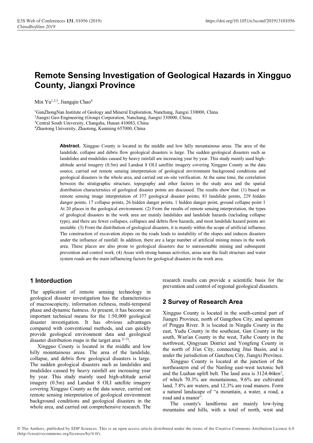 Remote Sensing Investigation of Geological Hazards in Xingguo County, Jiangxi Province