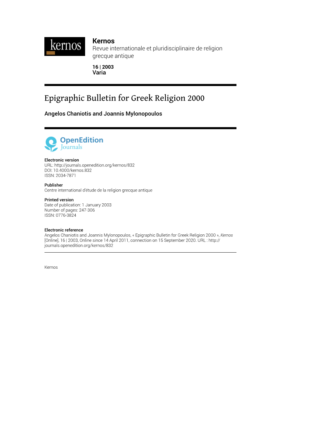Epigraphic Bulletin for Greek Religion 2000