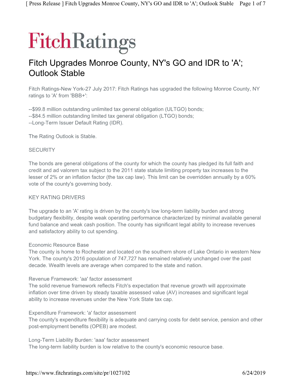 Fitch Upgrades Monroe County, NY's GO and IDR to 'A'; Outlook Stable Page 1 of 7