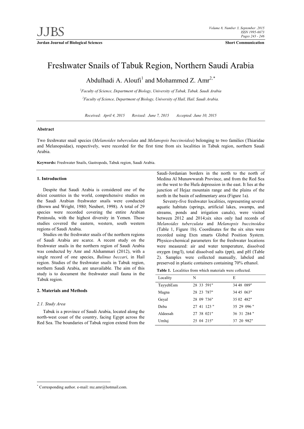 Freshwater Snails of Tabuk Region, Northern Saudi Arabia