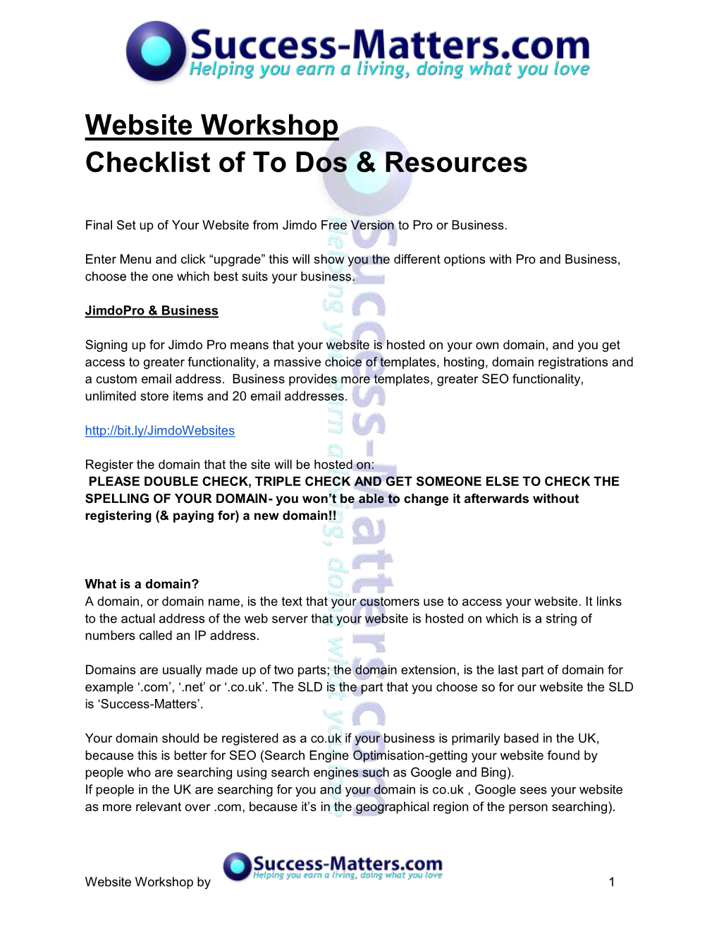 Website Workshop Checklist of to Dos & Resources