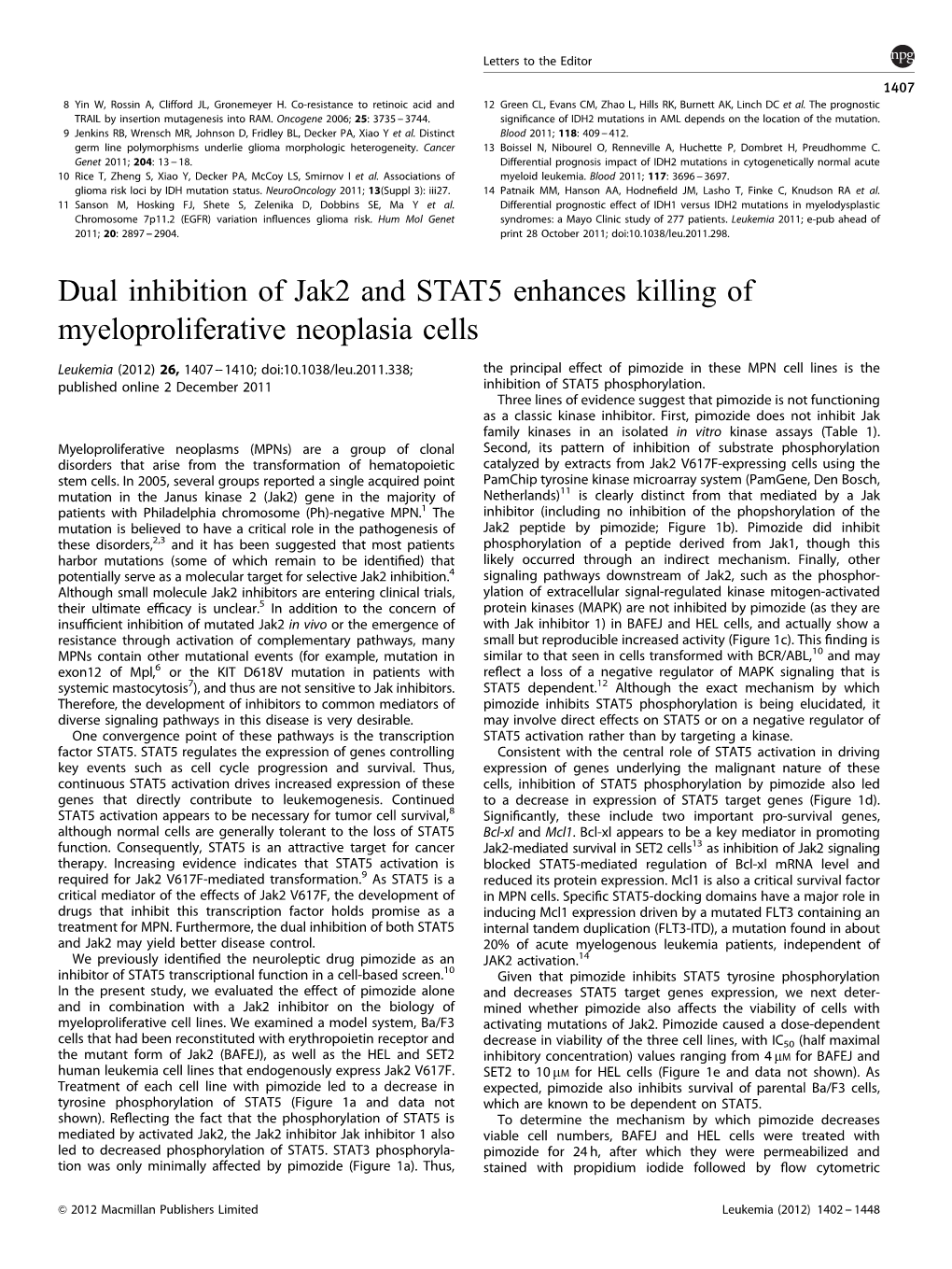 Dual Inhibition of Jak2 and STAT5 Enhances Killing of Myeloproliferative Neoplasia Cells