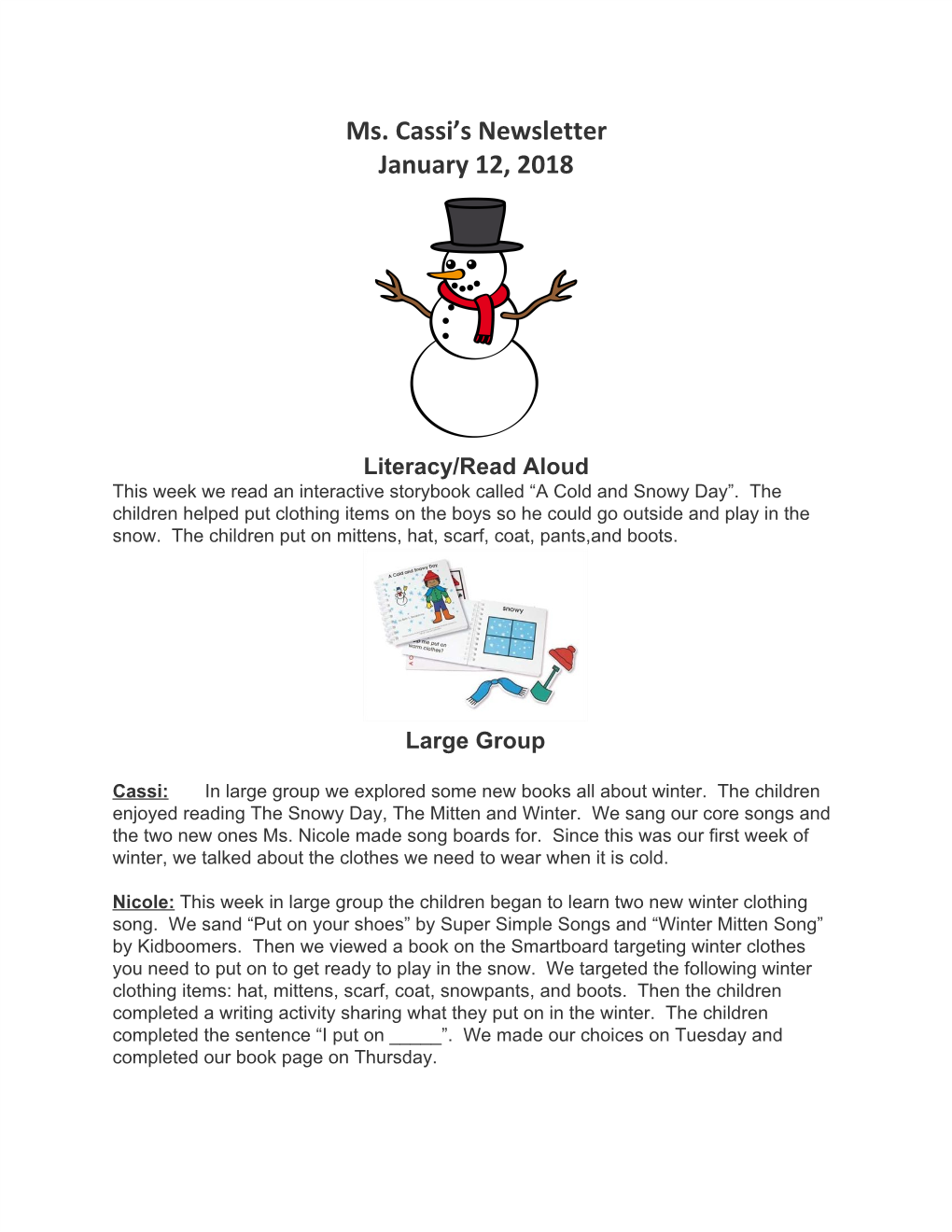 Ms. Cassi's Newsletter January 12, 2018