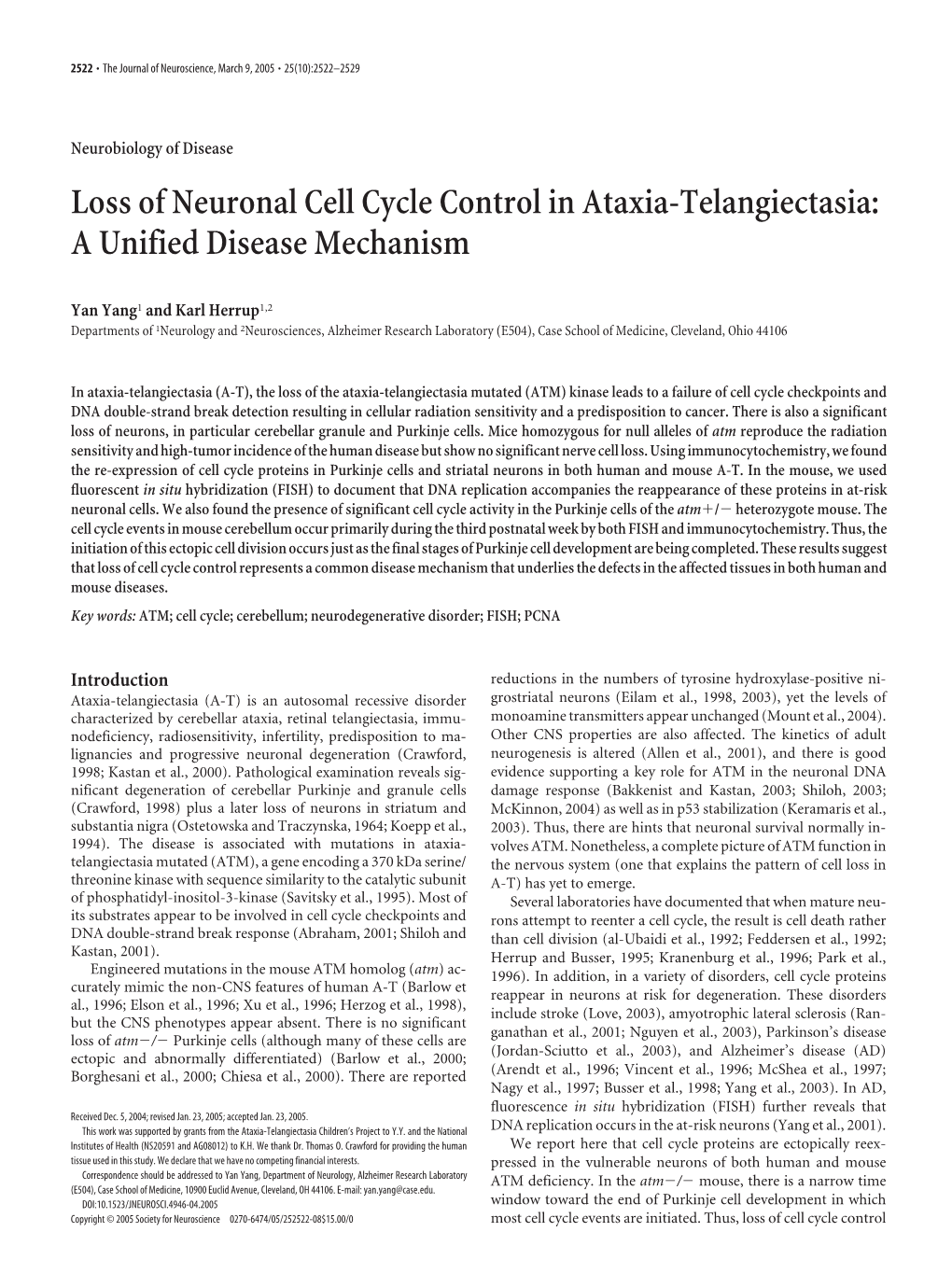 Loss of Neuronal Cell Cycle Control in Ataxia-Telangiectasia: a Unified Disease Mechanism