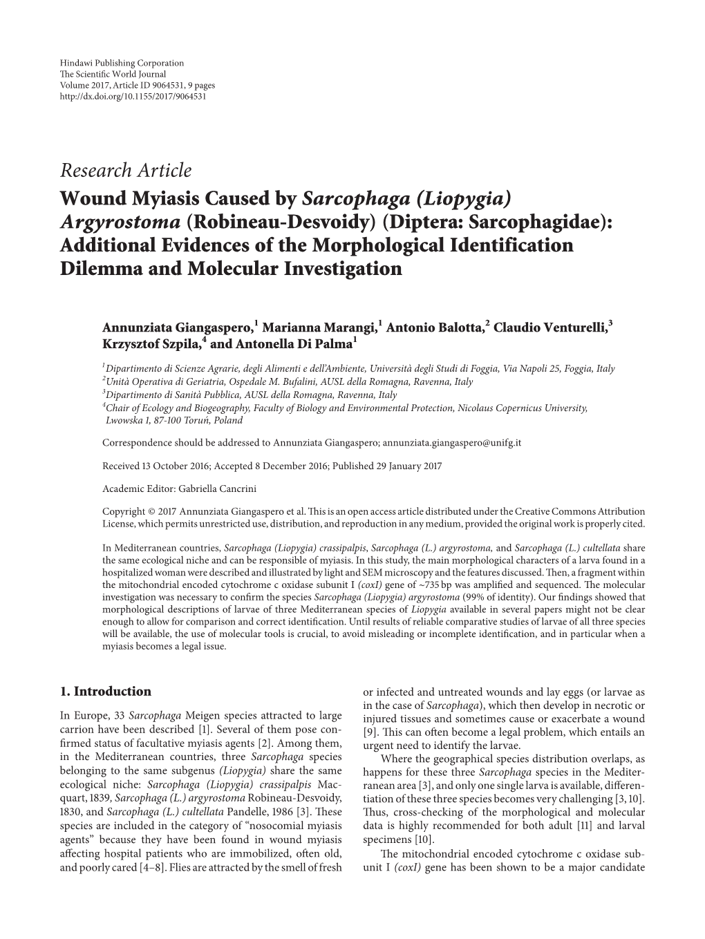 Research Article Wound Myiasis Caused by Sarcophaga (Liopygia) Argyrostoma (Robineau-Desvoidy) (Diptera: Sarcophagidae): Additio